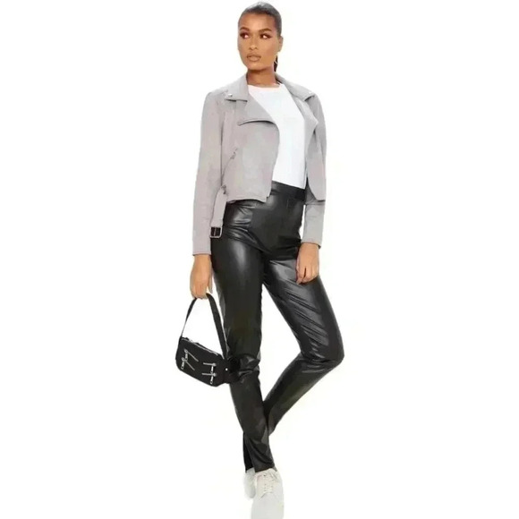 PrettyLittleThing Grey Moto Biker Jacket Faux Suede Size 4 (Small) Grunge - Picture 7 of 15